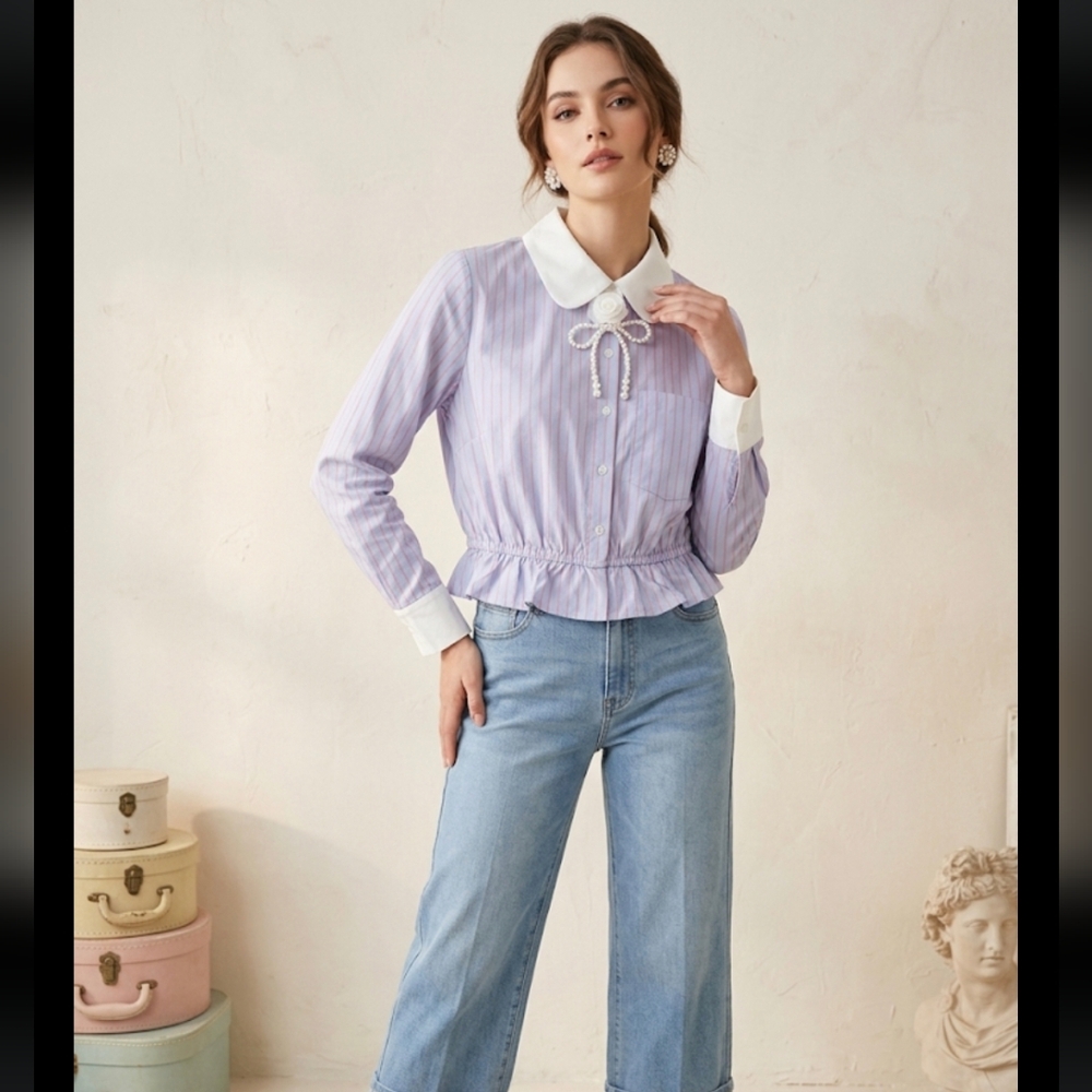 Lavender AND Pink Striped Top with White Collar
